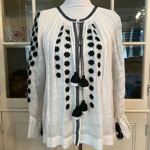 VITA KIN Ukrainian Embroidered Linen Blouse, Star Pattern, Tassels